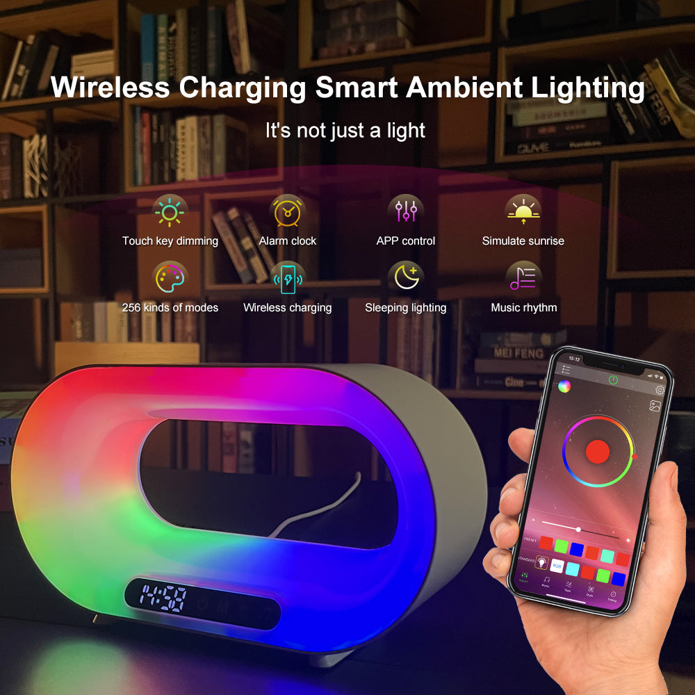 Multi-function 3 In 1 LED Night Light APP Control RGB Atmosphere Desk Lamp Smart Multifunctional Wireless Charger Alarm Clock - Below Twenty