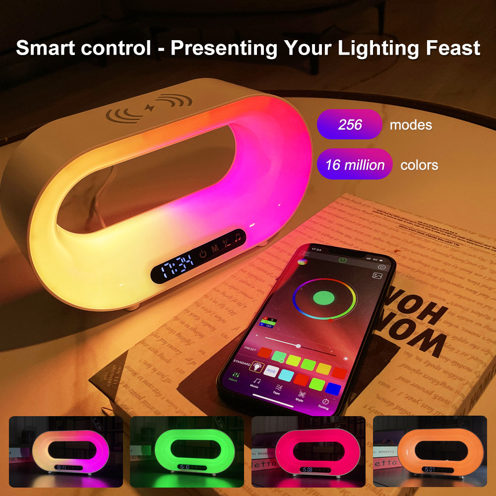 Multi-function 3 In 1 LED Night Light APP Control RGB Atmosphere Desk Lamp Smart Multifunctional Wireless Charger Alarm Clock - Below Twenty