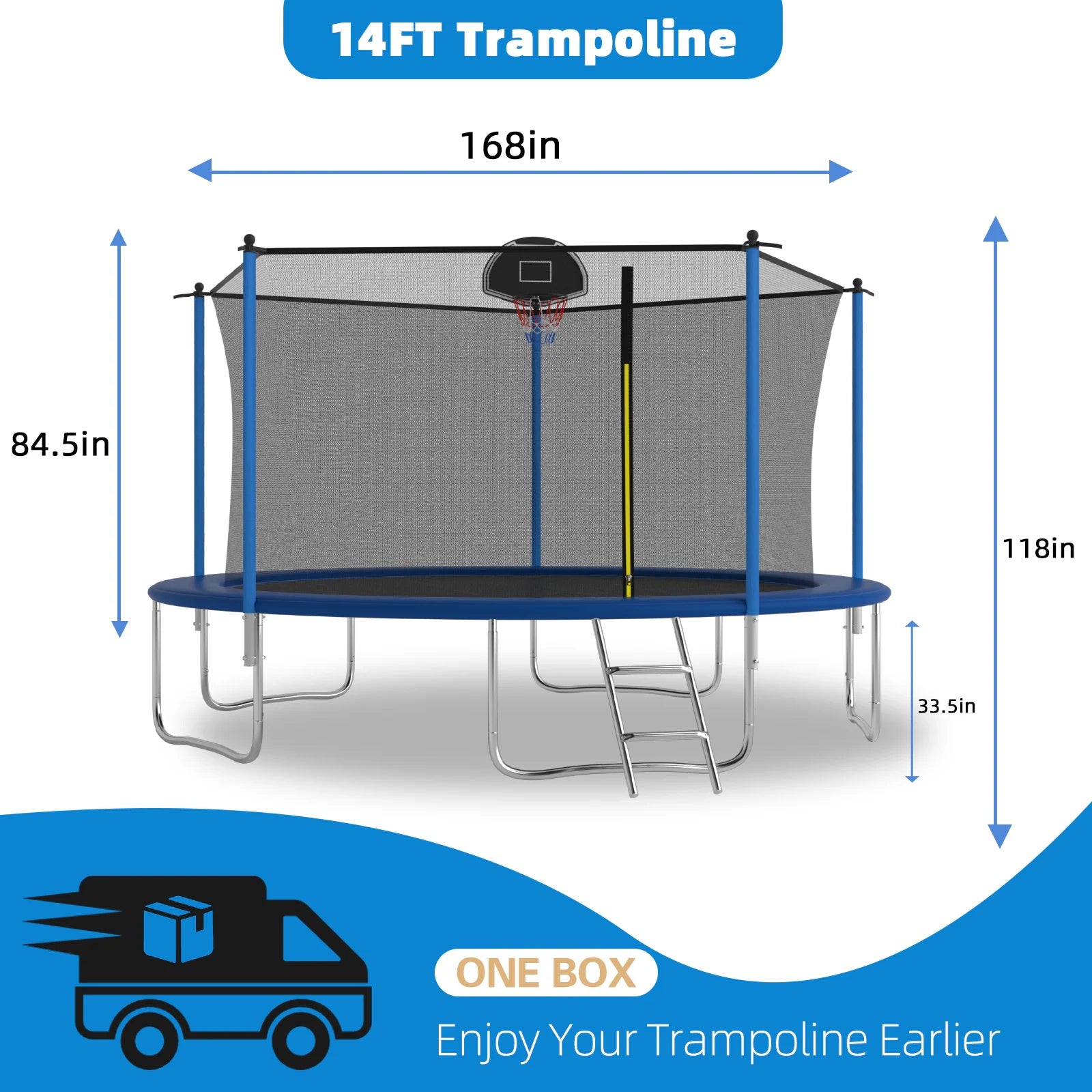 14 FT TRAMPOLINE INSIDE SAFETY NET WITH BASKETBALL HOOP - Below Twenty